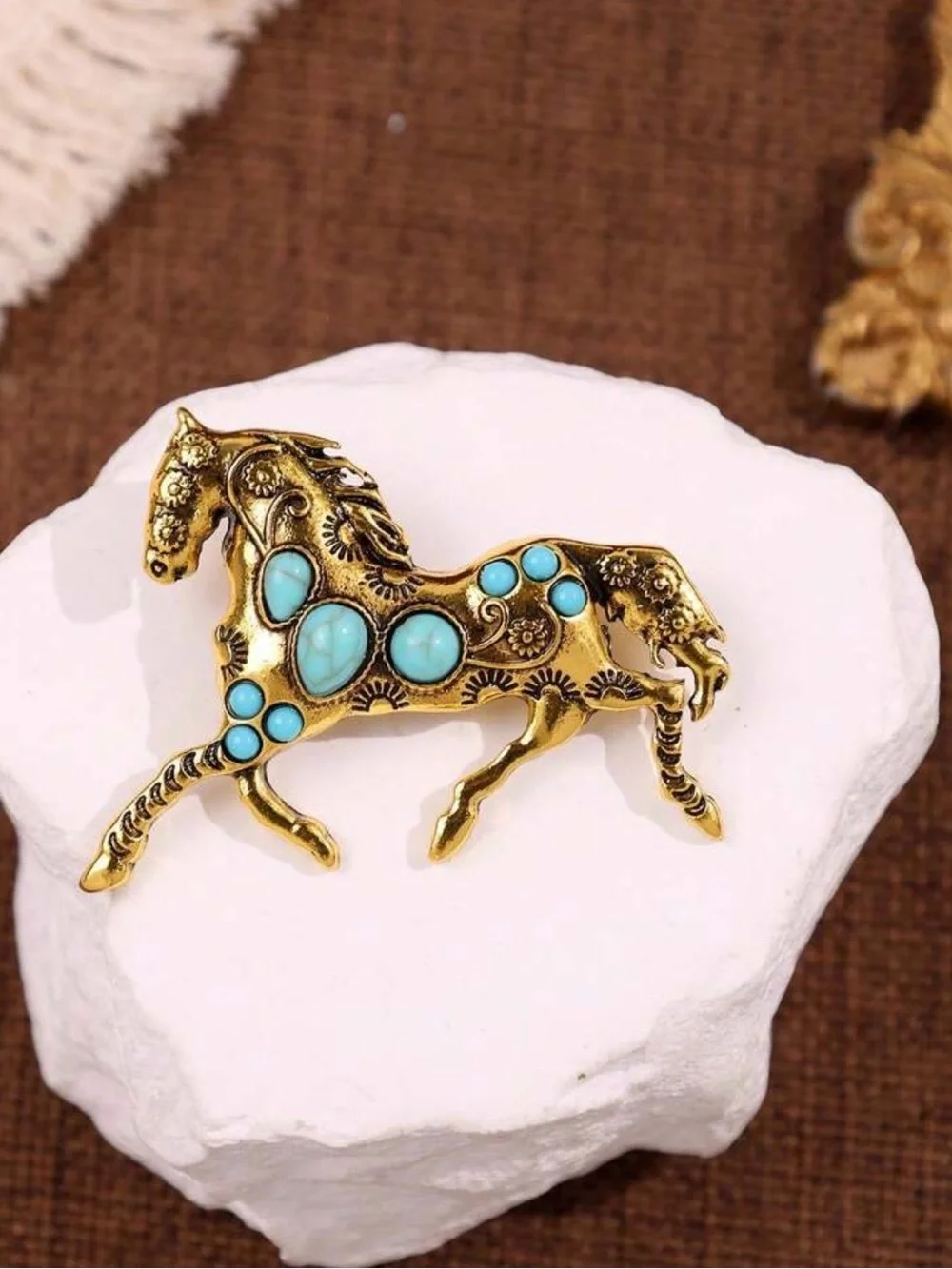 Gold Horse Turquoise Stone Brooch Lapel Pin Western Cowgirl Rodeo Accessory NEW